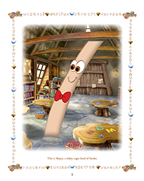 Illustration of page taken from the hardcover book introducing Slopey, the diagonal letter lin