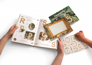In-Use animation showing building letter R from book letter recipe read by child's mother. Hand of child selects each magnetic sticker stroke of letter R and places it on the letter board to build letter R.